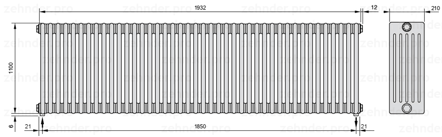 Схема (чертеж) Радиатор Zehnder Charleston 6110/42 №5310 Белый глянцевый RAL 9016